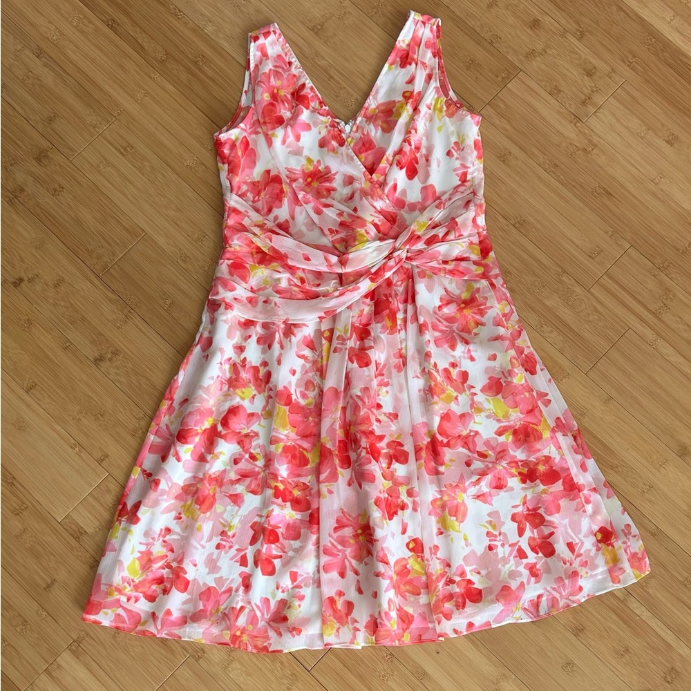 Ann Taylor Floral Pink and Yellow Dress V-Neck Size 10